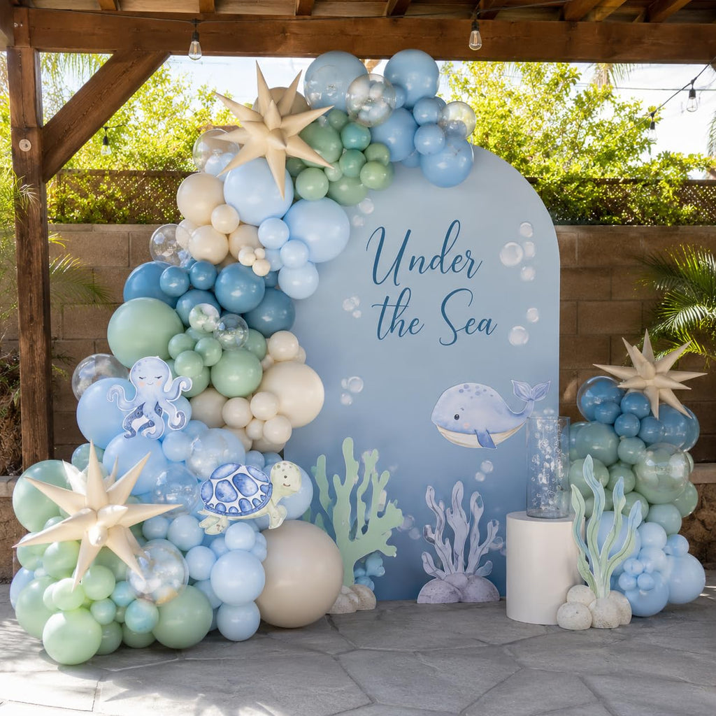 Under the Sea Balloon Arch Garland Kit – Dusty Blue, Pastel Green, Sand White & Star Foil Balloons for Ocean Birthday or Baby Shower