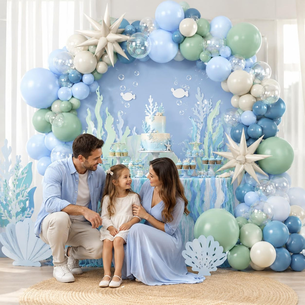 Under the Sea Balloon Arch Garland Kit – Dusty Blue, Pastel Green, Sand White & Star Foil Balloons for Ocean Birthday or Baby Shower