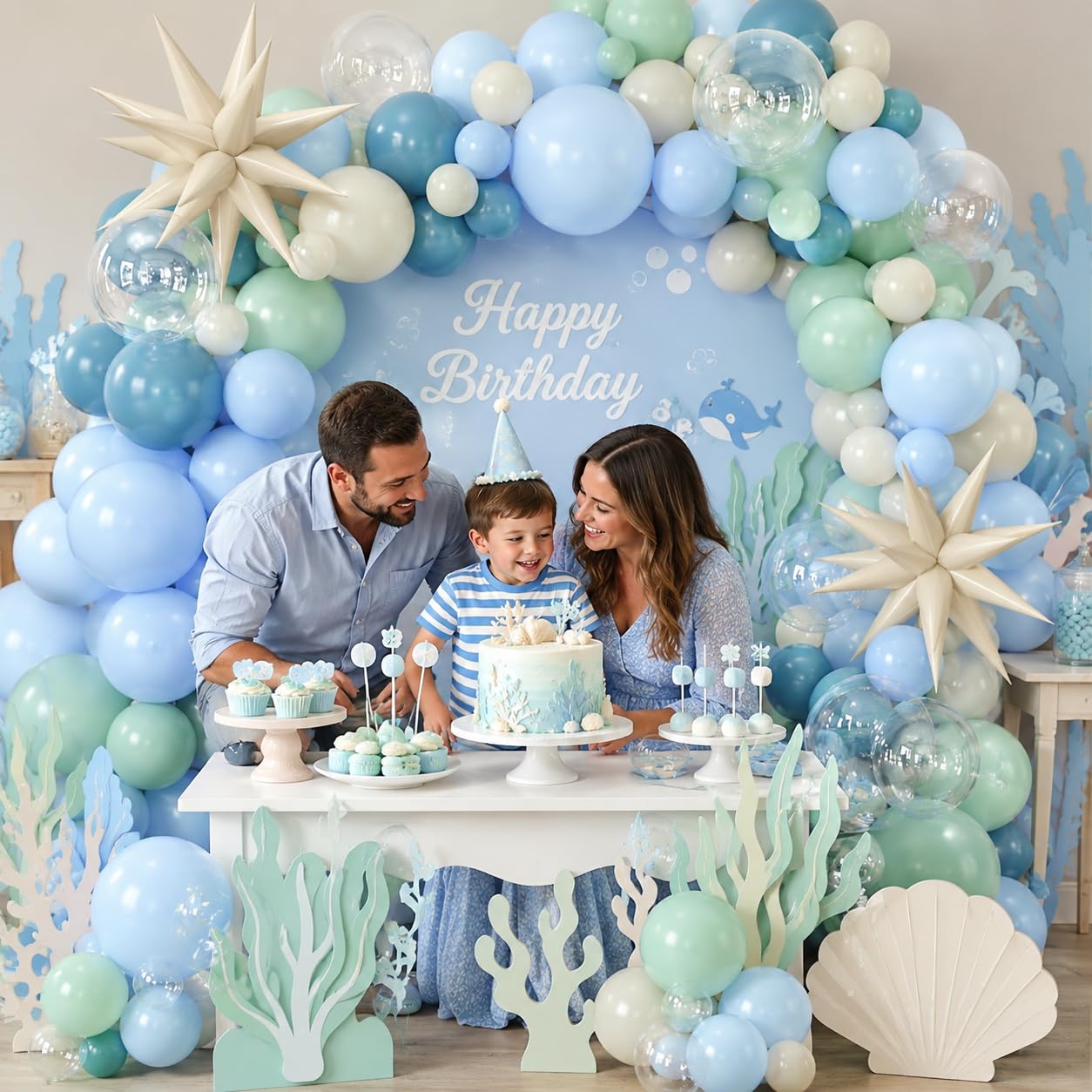 Under the Sea Balloon Arch Garland Kit – Dusty Blue, Pastel Green, Sand White & Star Foil Balloons for Ocean Birthday or Baby Shower