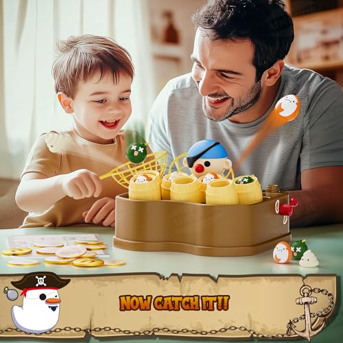 UNEEDE Pirate Bounce and Catch Game with Shark, Bomb, and Poop Launchers – Interactive Reward Board Game for Kids Ages 3+