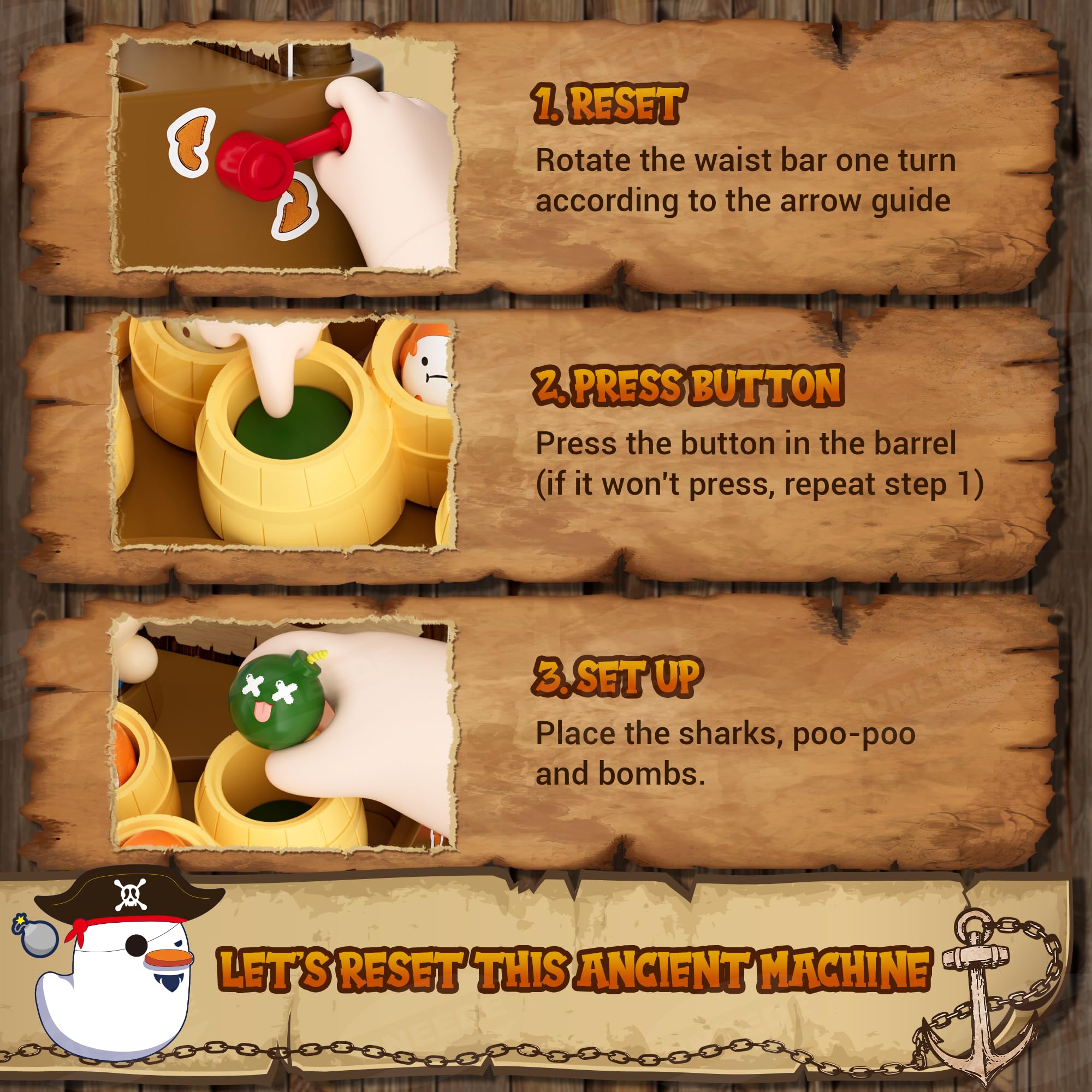 UNEEDE Pirate Bounce and Catch Game with Shark, Bomb, and Poop Launchers – Interactive Reward Board Game for Kids Ages 3+
