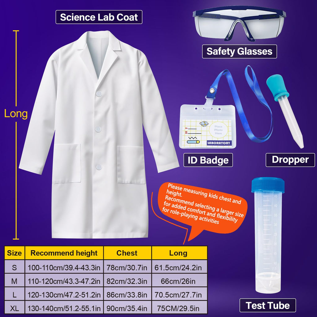 UNGLINGA Kids Lab Coat Costume Set with Goggles, ID Card, and Test Tube – Doctor Scientist Dress-Up