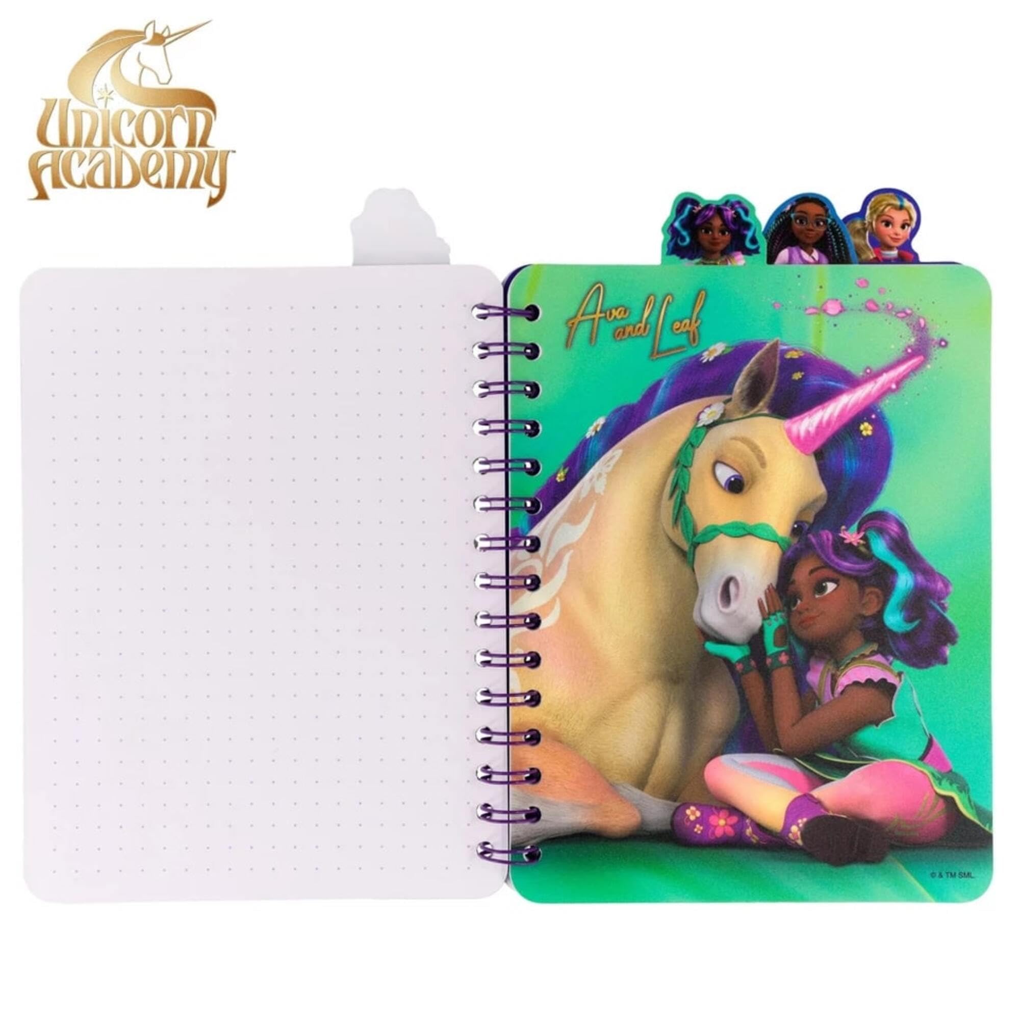 Unicorn Academy 4 Tab Journal – 160 Dot Pages, Spiral Notebook with Character Dividers for Kids