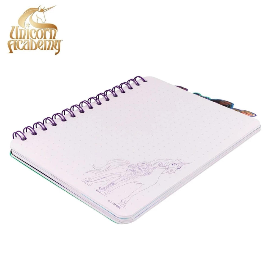 Unicorn Academy 4 Tab Journal – 160 Dot Pages, Spiral Notebook with Character Dividers for Kids