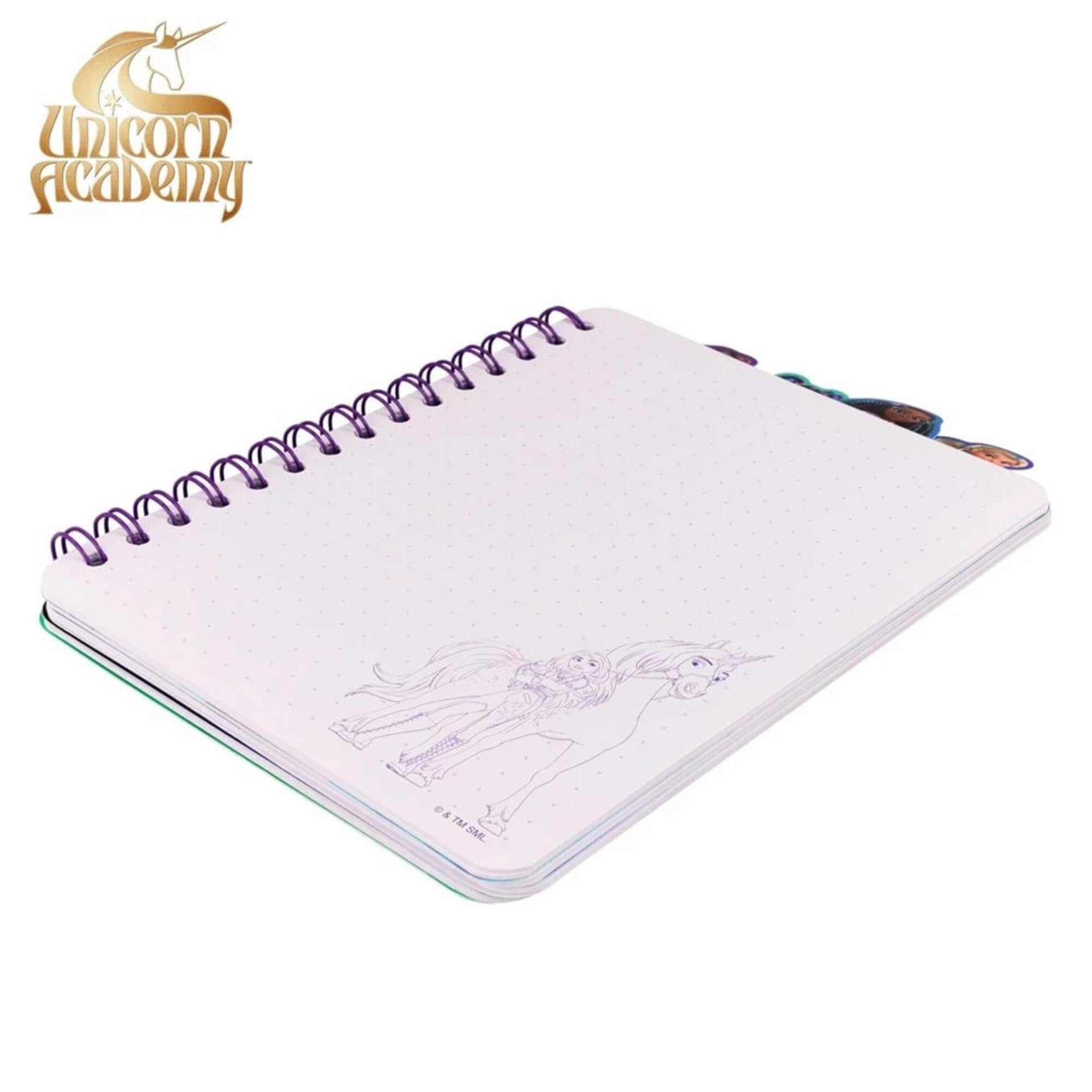Unicorn Academy 4 Tab Journal – 160 Dot Pages, Spiral Notebook with Character Dividers for Kids