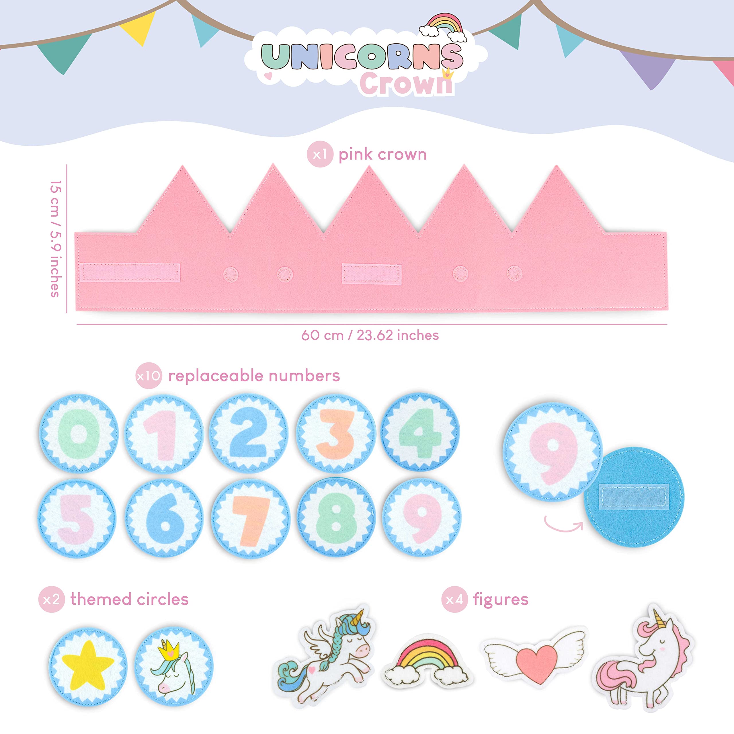 Unicorn Birthday Crown with Interchangeable Numbers 0-9 and Decorative Figures by BONNYCO