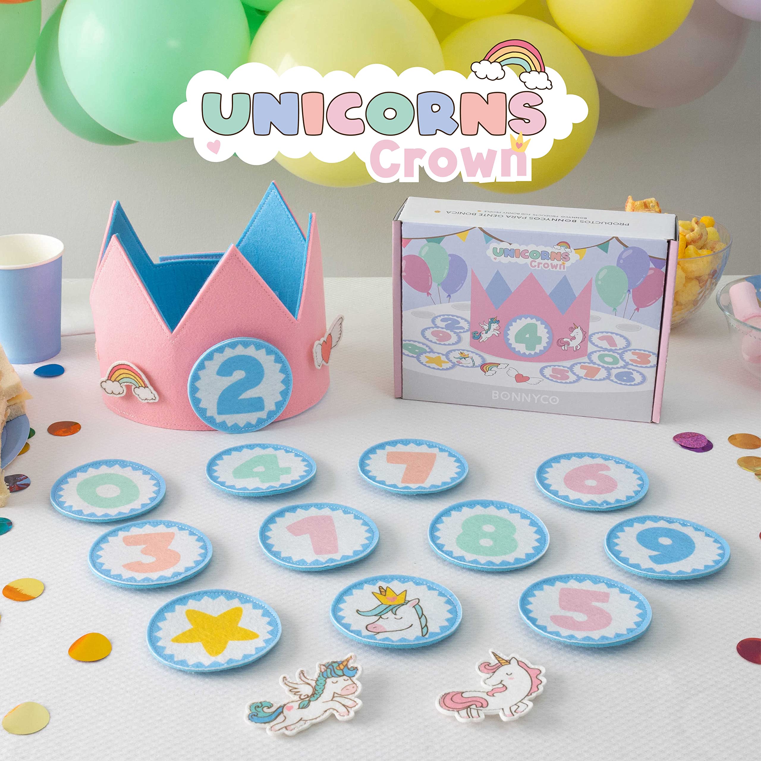 Unicorn Birthday Crown with Interchangeable Numbers 0-9 and Decorative Figures by BONNYCO