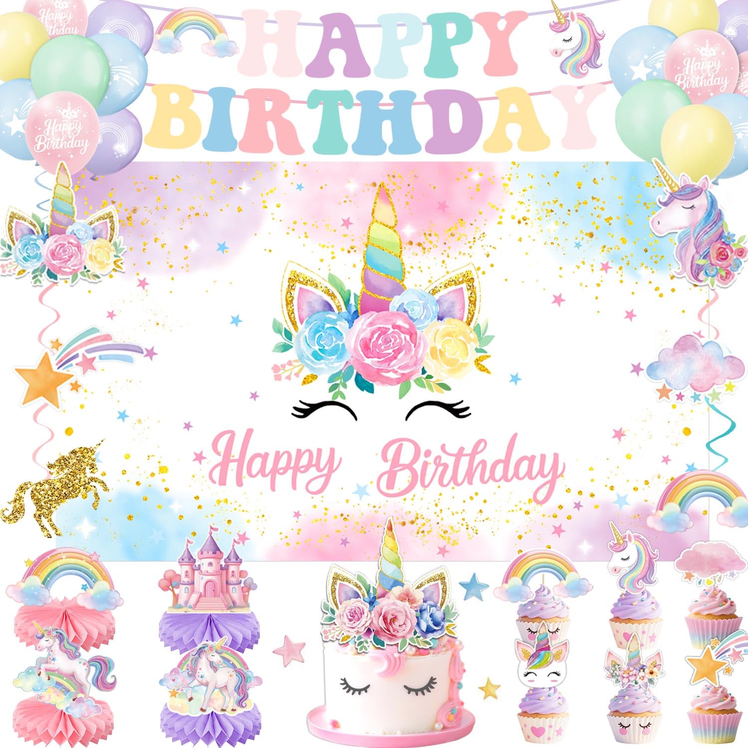 Unicorn Birthday Decorations Kit – 44-Piece Set with Banner, Backdrop, Balloons, and Toppers