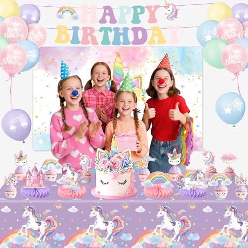 Unicorn Birthday Decorations Kit – 44-Piece Set with Banner, Backdrop, Balloons, and Toppers