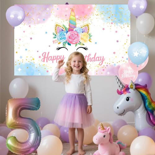 Unicorn Birthday Decorations Kit – 44-Piece Set with Banner, Backdrop, Balloons, and Toppers