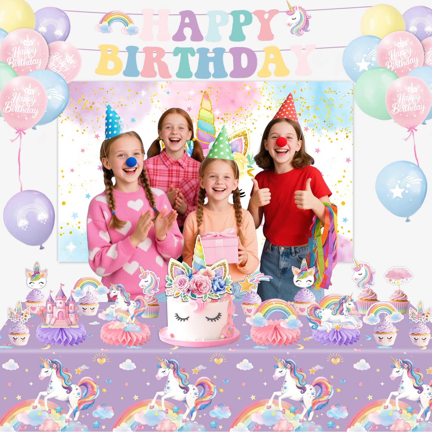 Unicorn Birthday Decorations Kit – 44-Piece Set with Banner, Backdrop, Balloons, and Toppers