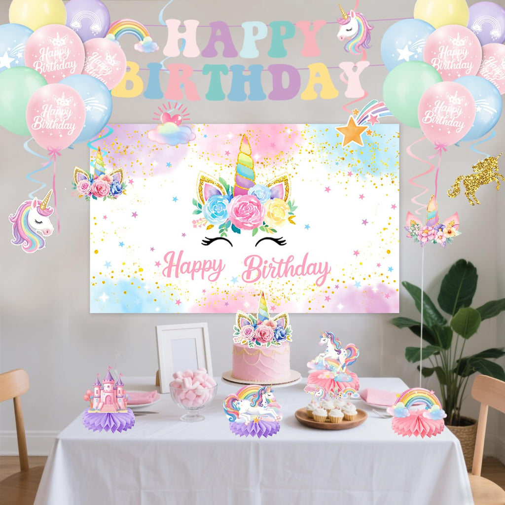 Unicorn Birthday Decorations Kit – 44-Piece Set with Banner, Backdrop, Balloons, and Toppers