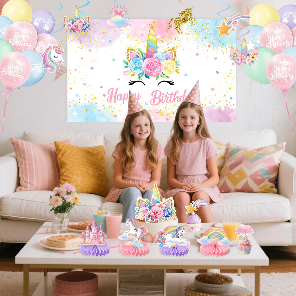 Unicorn Birthday Decorations Kit – 44-Piece Set with Banner, Backdrop, Balloons, and Toppers