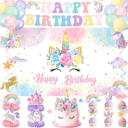 Unicorn Birthday Decorations Kit – 44-Piece Set with Banner, Backdrop, Balloons, and Toppers
