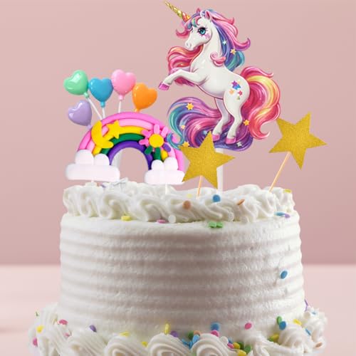 Unicorn Cake Topper Set with Rainbow, Stars, and Heart Balloons – Birthday Party Decoration