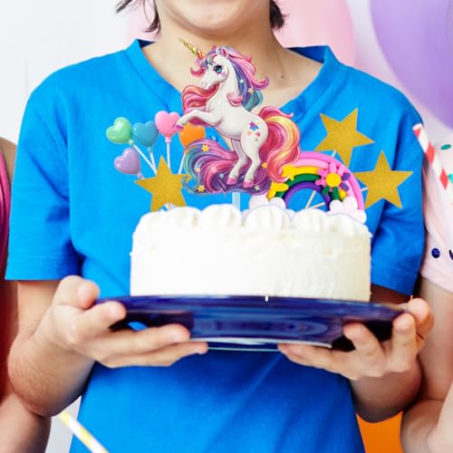 Unicorn Cake Topper Set with Rainbow, Stars, and Heart Balloons – Birthday Party Decoration