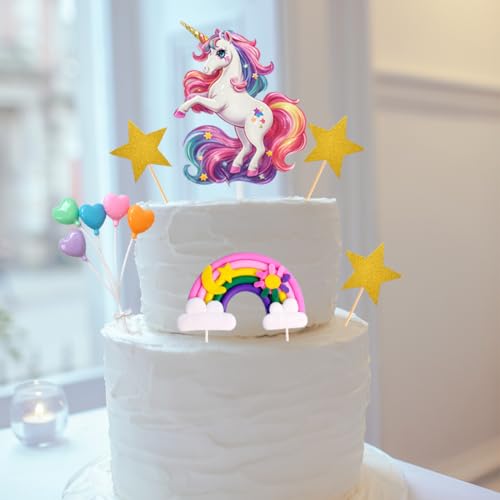 Unicorn Cake Topper Set with Rainbow, Stars, and Heart Balloons – Birthday Party Decoration
