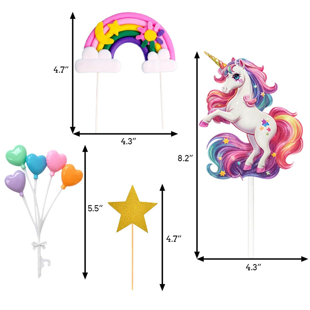 Unicorn Cake Topper Set with Rainbow, Stars, and Heart Balloons – Birthday Party Decoration
