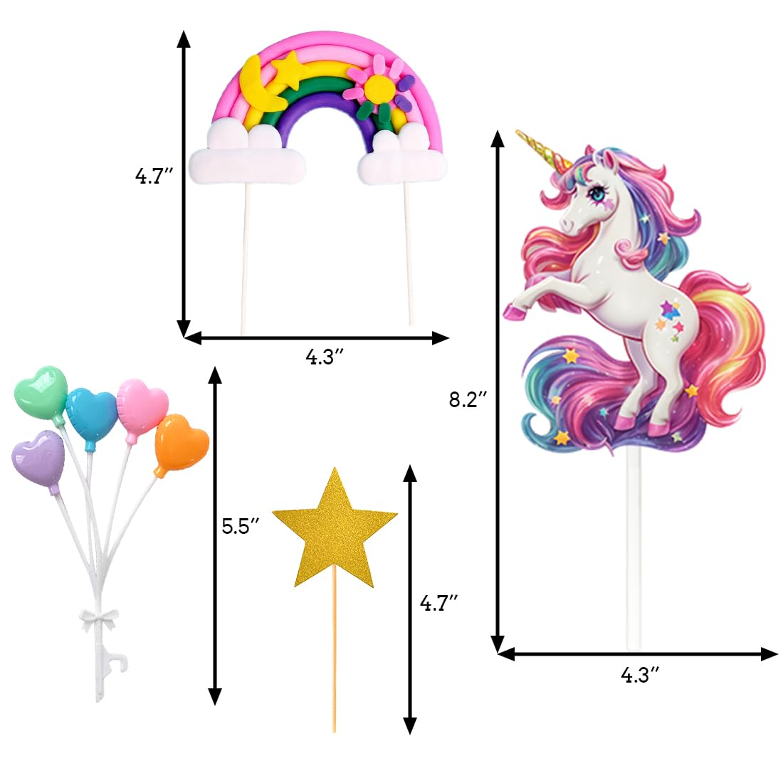 Unicorn Cake Topper Set with Rainbow, Stars, and Heart Balloons – Birthday Party Decoration