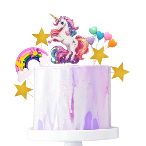 Unicorn Cake Topper Set with Rainbow, Stars, and Heart Balloons – Birthday Party Decoration