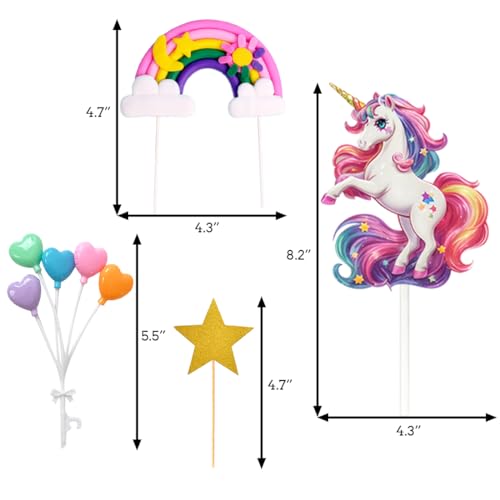Unicorn Cake Topper Set with Rainbow, Stars, and Heart Balloons – Birthday Party Decoration