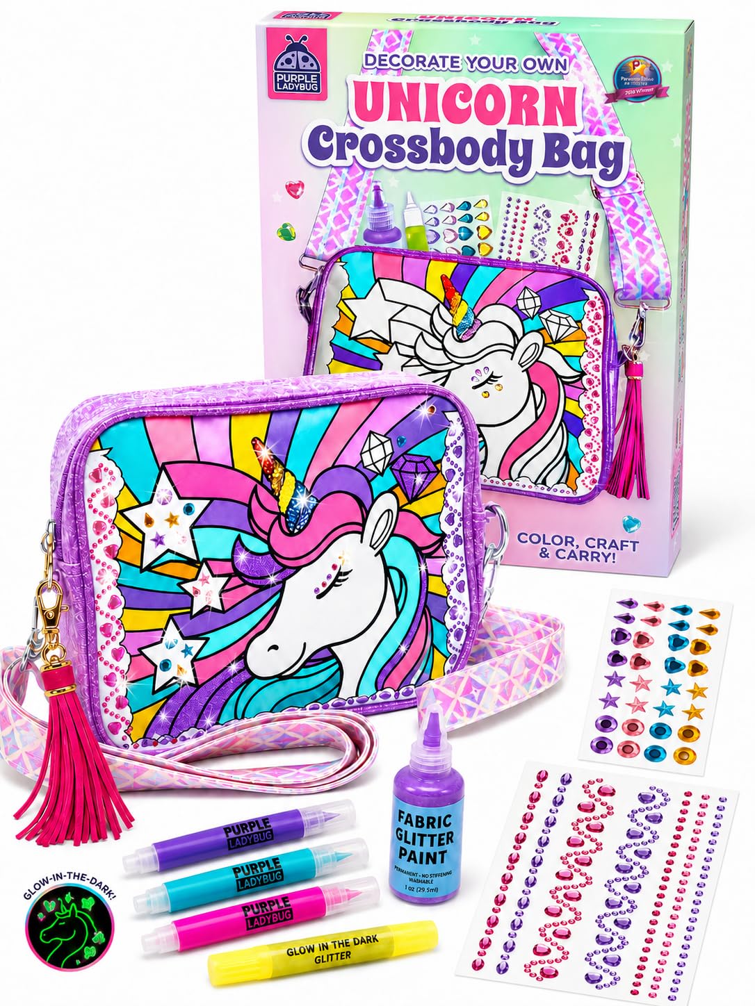 Unicorn Crossbody Bag Decorating Kit for Girls Ages 6-12 – Includes Markers, Paint, Stickers & Glitter