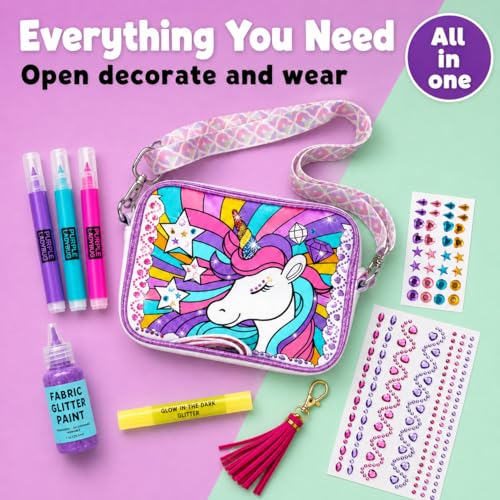 Unicorn Crossbody Bag Decorating Kit for Girls Ages 6-12 – Includes Markers, Paint, Stickers & Glitter