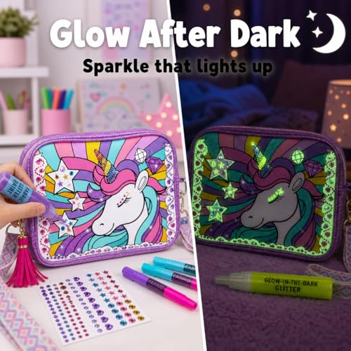 Unicorn Crossbody Bag Decorating Kit for Girls Ages 6-12 – Includes Markers, Paint, Stickers & Glitter