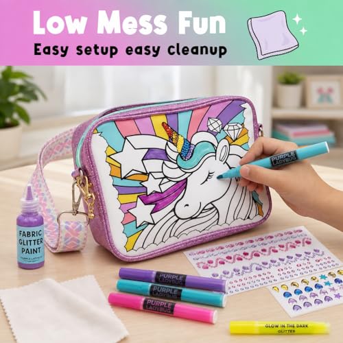 Unicorn Crossbody Bag Decorating Kit for Girls Ages 6-12 – Includes Markers, Paint, Stickers & Glitter