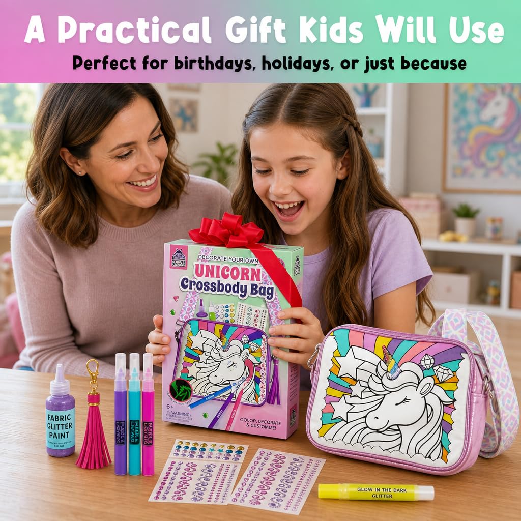 Unicorn Crossbody Bag Decorating Kit for Girls Ages 6-12 – Includes Markers, Paint, Stickers & Glitter