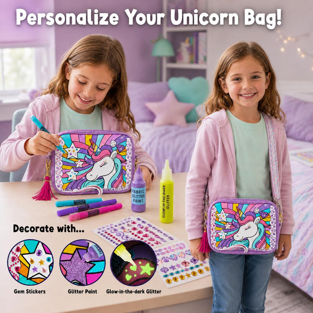 Unicorn Crossbody Bag Decorating Kit for Girls Ages 6-12 – Includes Markers, Paint, Stickers & Glitter