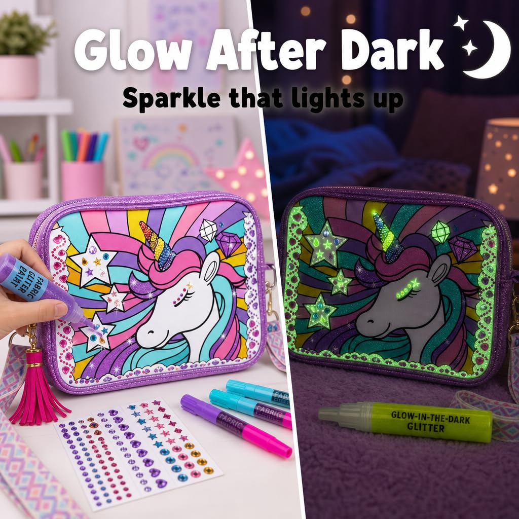 Unicorn Crossbody Bag Decorating Kit for Girls Ages 6-12 – Includes Markers, Paint, Stickers & Glitter