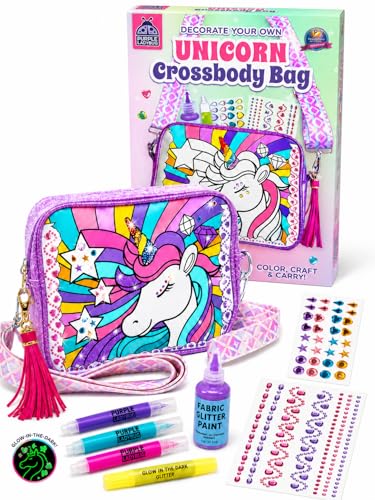 Unicorn Crossbody Bag Decorating Kit for Girls Ages 6-12 – Includes Markers, Paint, Stickers & Glitter