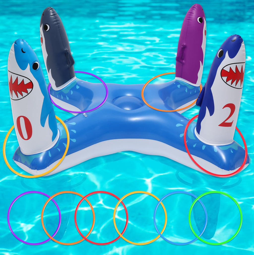 Uniqhia Inflatable Shark Ring Toss Game - Floating Pool Toy for Kids Ages 4-8 and Adults
