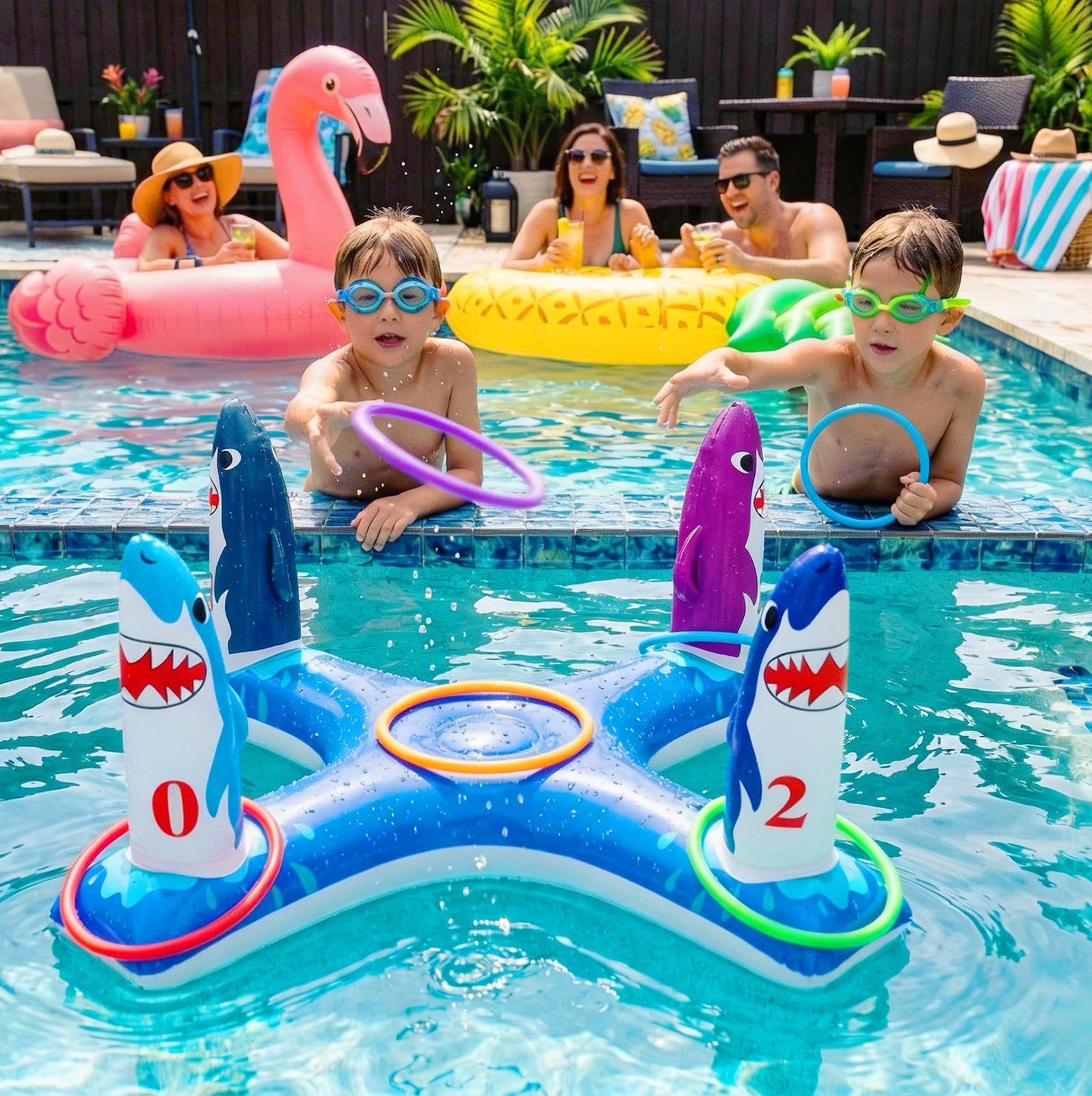 Uniqhia Inflatable Shark Ring Toss Game - Floating Pool Toy for Kids Ages 4-8 and Adults