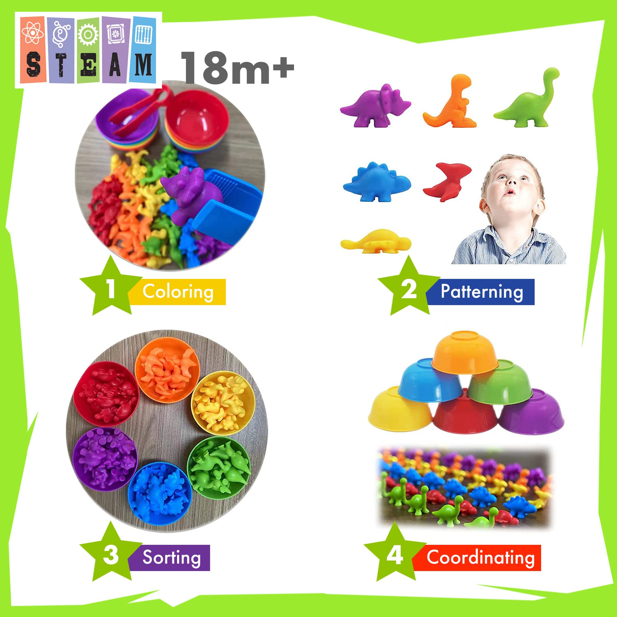 UNIQUE KIDS 48-Piece Dinosaur Counting Toy Set with Sorting Cups and Tweezers – STEM Learning for Ages 3-6
