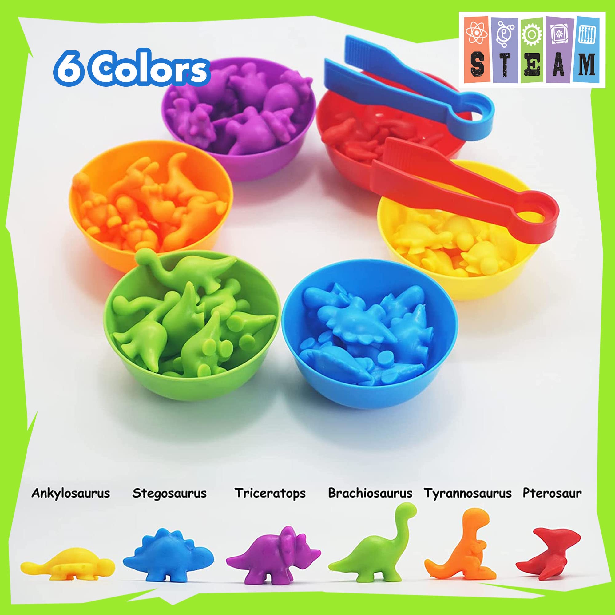UNIQUE KIDS 48-Piece Dinosaur Counting Toy Set with Sorting Cups and Tweezers – STEM Learning for Ages 3-6