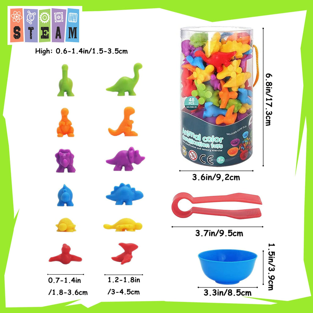 UNIQUE KIDS 48-Piece Dinosaur Counting Toy Set with Sorting Cups and Tweezers – STEM Learning for Ages 3-6