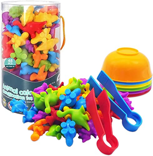 UNIQUE KIDS 48-Piece Dinosaur Counting Toy Set with Sorting Cups and Tweezers – STEM Learning for Ages 3-6