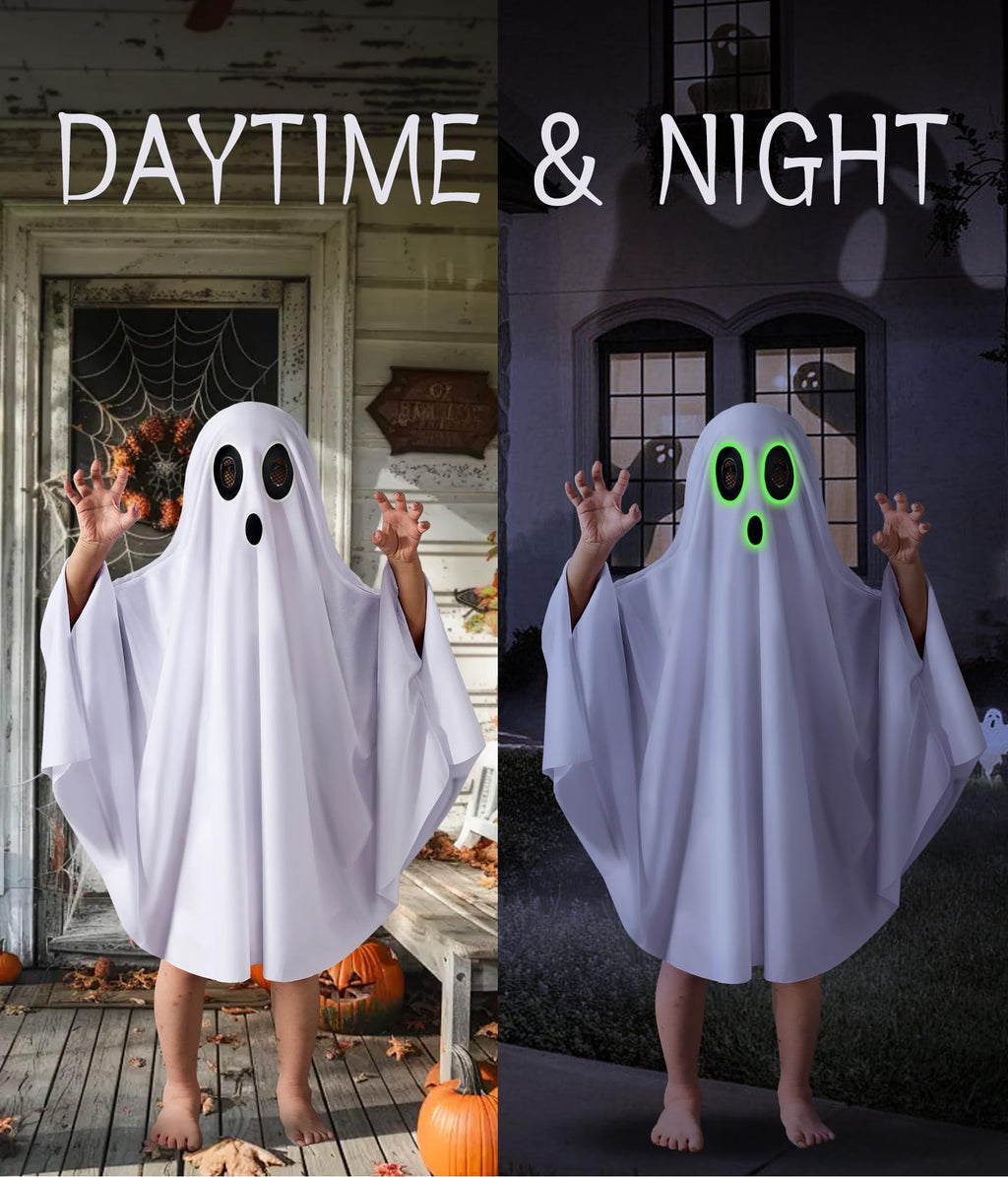 Unisex Ghost Costume for Kids – Glow-in-the-Dark Halloween Cloak Cape with See-Through Eyes