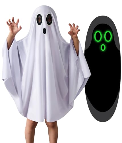 Unisex Ghost Costume for Kids – Glow-in-the-Dark Halloween Cloak Cape with See-Through Eyes