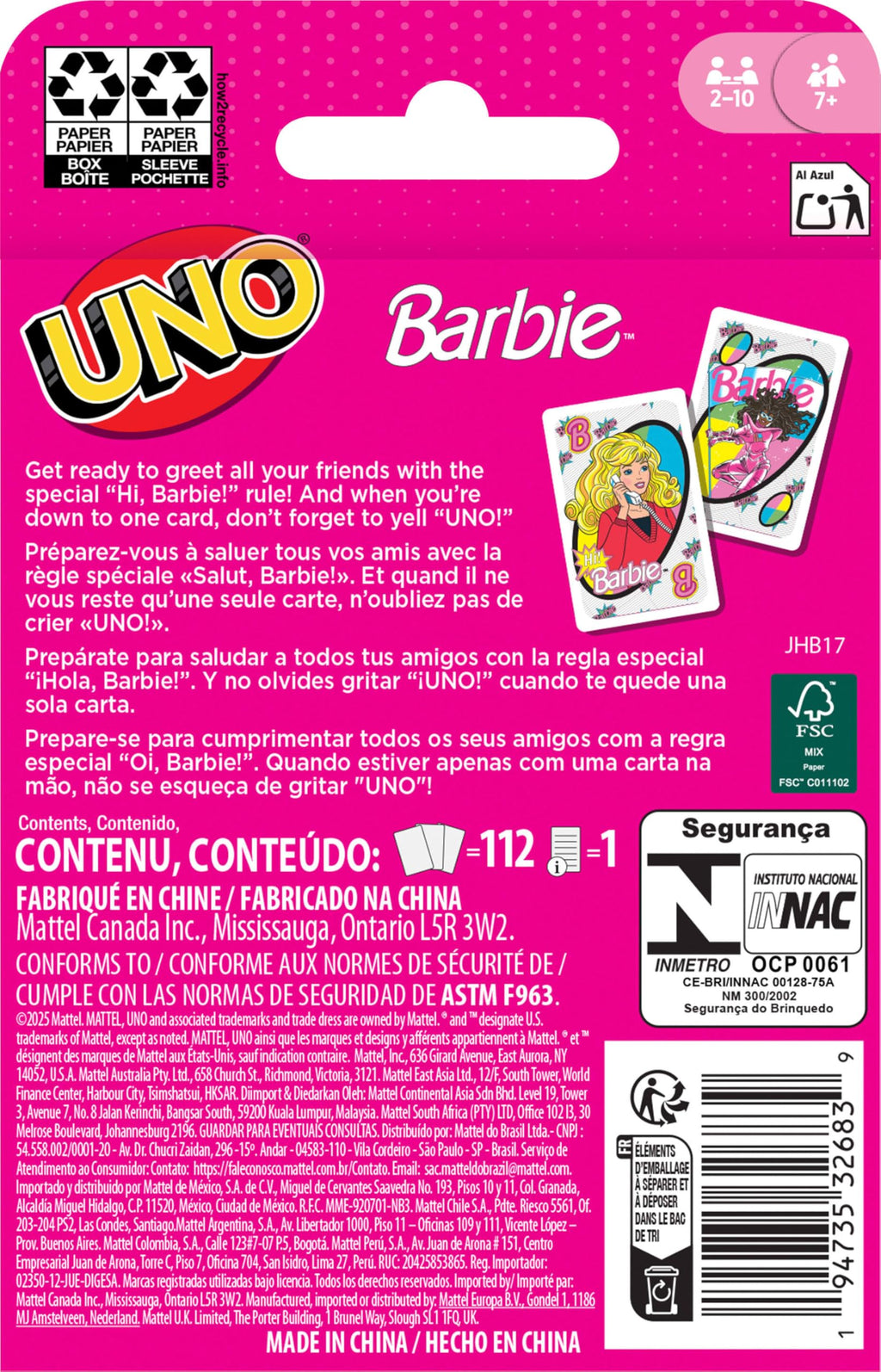 UNO Barbie Card Game: Special 'Hi, Barbie!' Rule for Family Game Nights & Travel