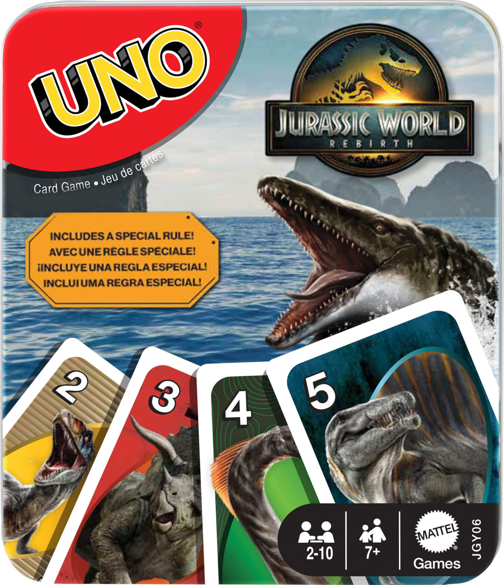 UNO Jurassic World Rebirth Card Game with Attack of the T. Rex Rule in Collectible Tin