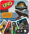 UNO Jurassic World Rebirth Card Game with Attack of the T. Rex Rule in Collectible Tin