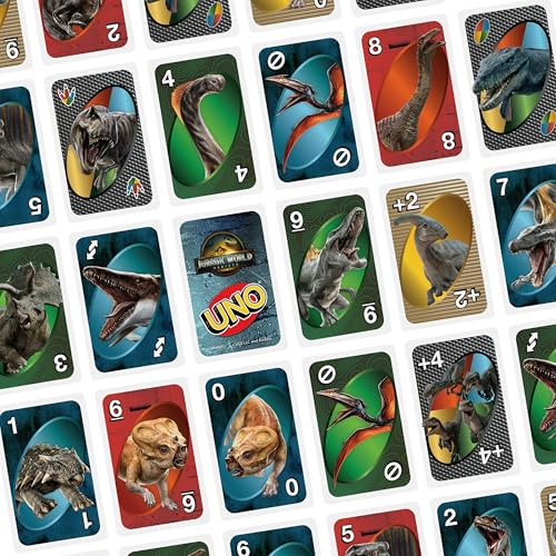 UNO Jurassic World Rebirth Card Game with Attack of the T. Rex Rule in Collectible Tin