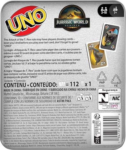 UNO Jurassic World Rebirth Card Game with Attack of the T. Rex Rule in Collectible Tin