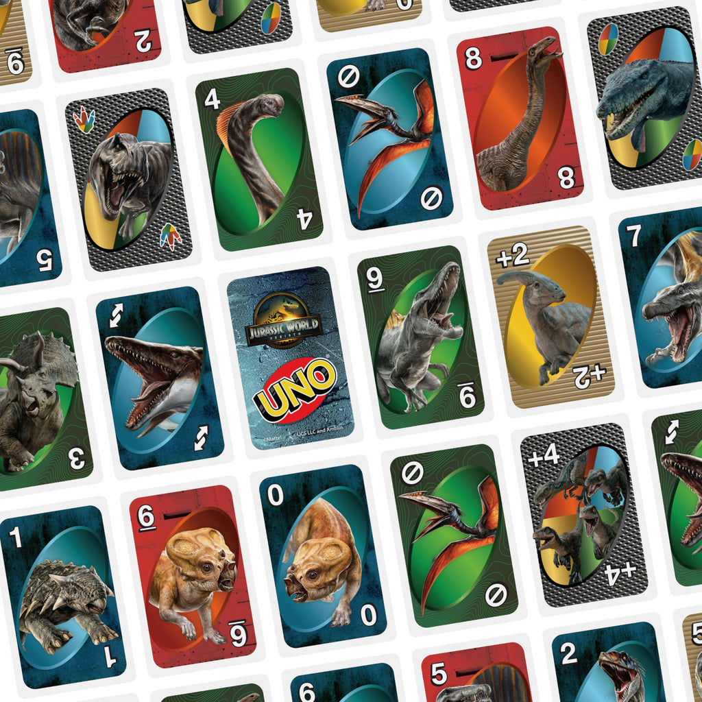 UNO Jurassic World Rebirth Card Game with Attack of the T. Rex Rule in Collectible Tin