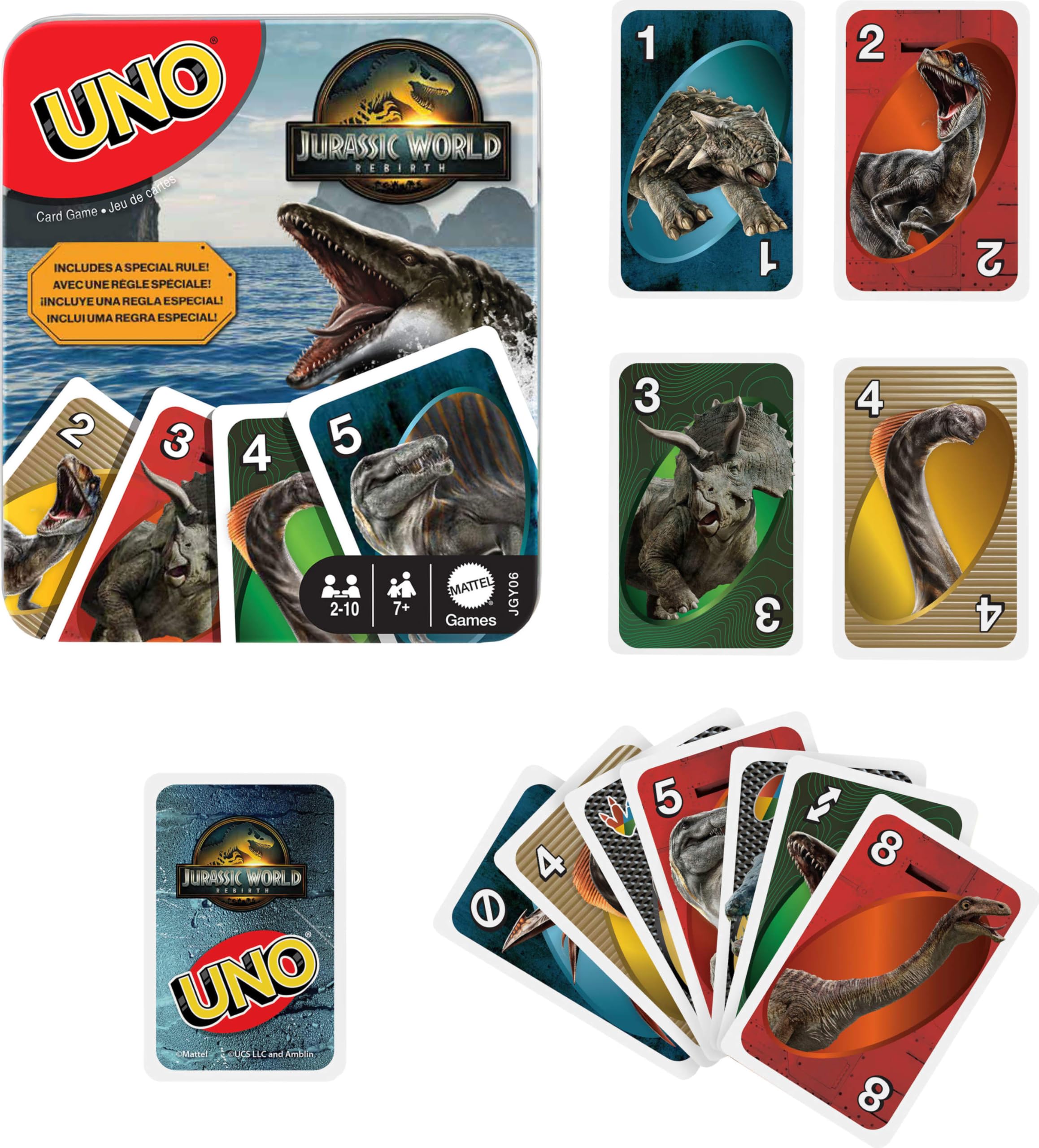 UNO Jurassic World Rebirth Card Game with Attack of the T. Rex Rule in Collectible Tin
