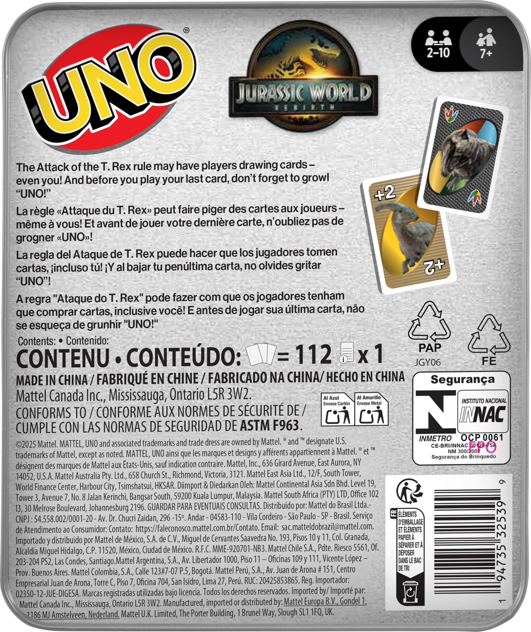 UNO Jurassic World Rebirth Card Game with Attack of the T. Rex Rule in Collectible Tin
