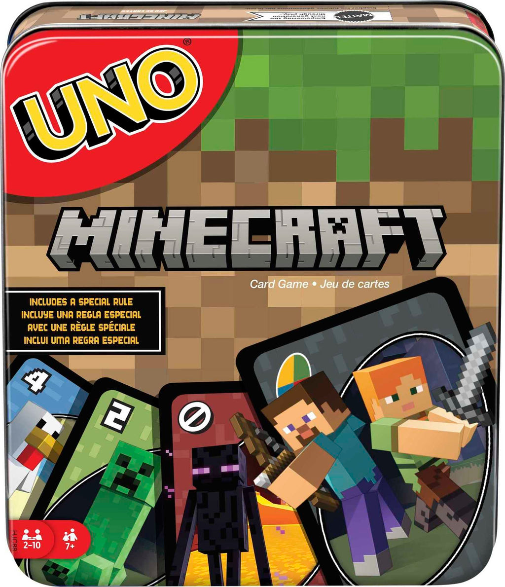 UNO Minecraft Card Game – 112 Cards with Creeper Action, Storage Tin, for 2-10 Players Ages 7+